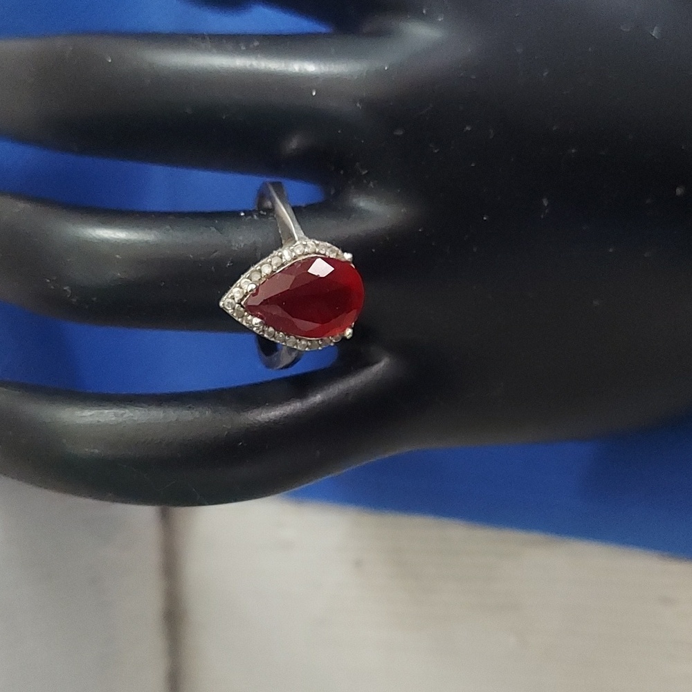 Vintage Ruby Red Teardrop Pear Shape Sterling Sil… - image 1